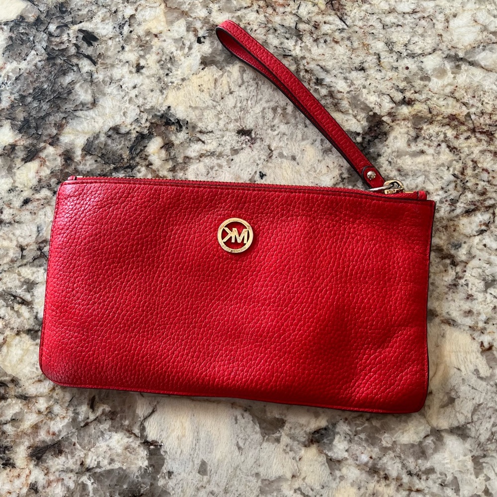 Michael Kors Red Leather Wristlet Wallet Purse Clutch